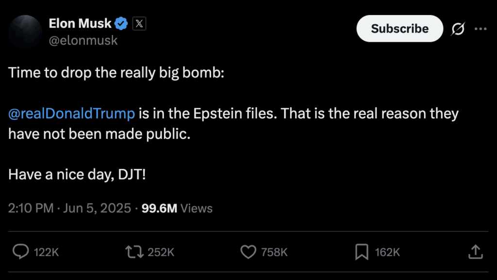 Tweet de Elon Musk  dieciendo que trump esta en la lista de Epstein.